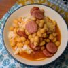 Garbanzo soup with kielbasa, over rice
