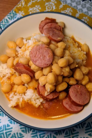 Garbanzo soup with kielbasa, over rice