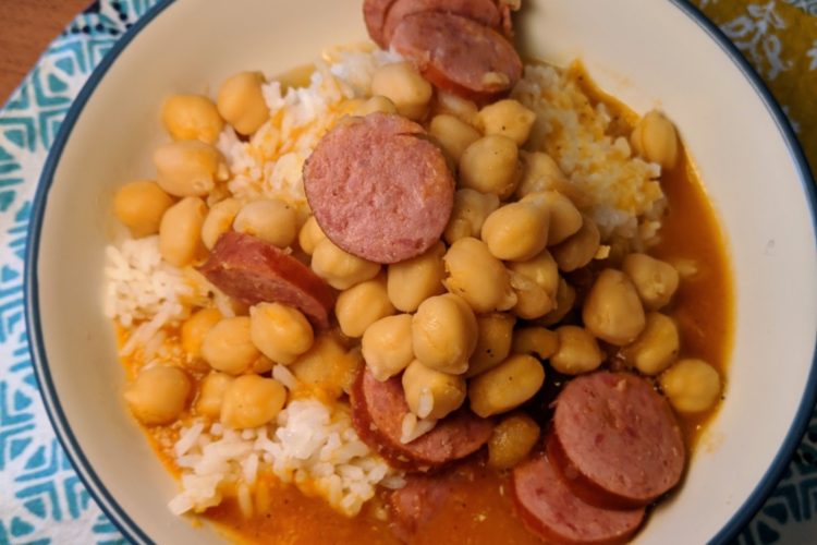 Garbanzo soup with kielbasa, over rice