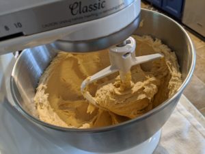 Gluten-free dough in stand mixer, after being sufficiently mixed