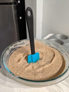 The day after, rubber spatula standing up in refrigerated batter
