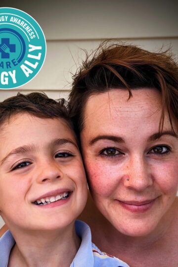 Allergy Mom & son with #AllergyAlly badge