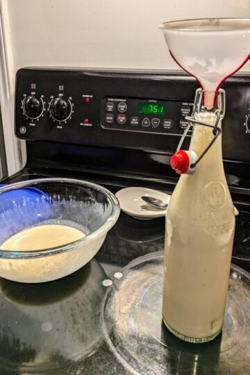 transferring cooked vegan eggnog mixture to glass swing-top bottle