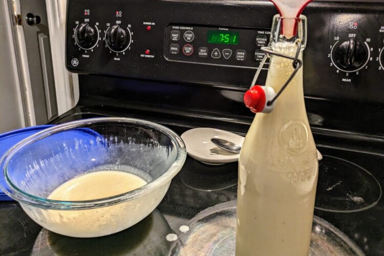 transferring cooked vegan eggnog mixture to glass swing-top bottle